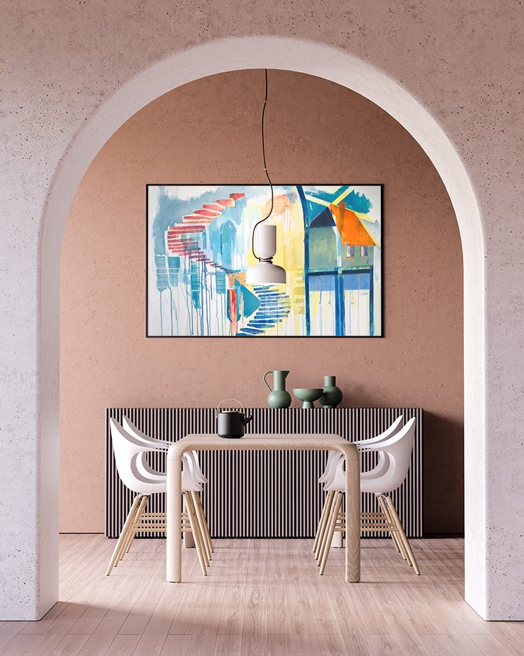 A Monica Cohn painting hanging in a room with a pink arch
