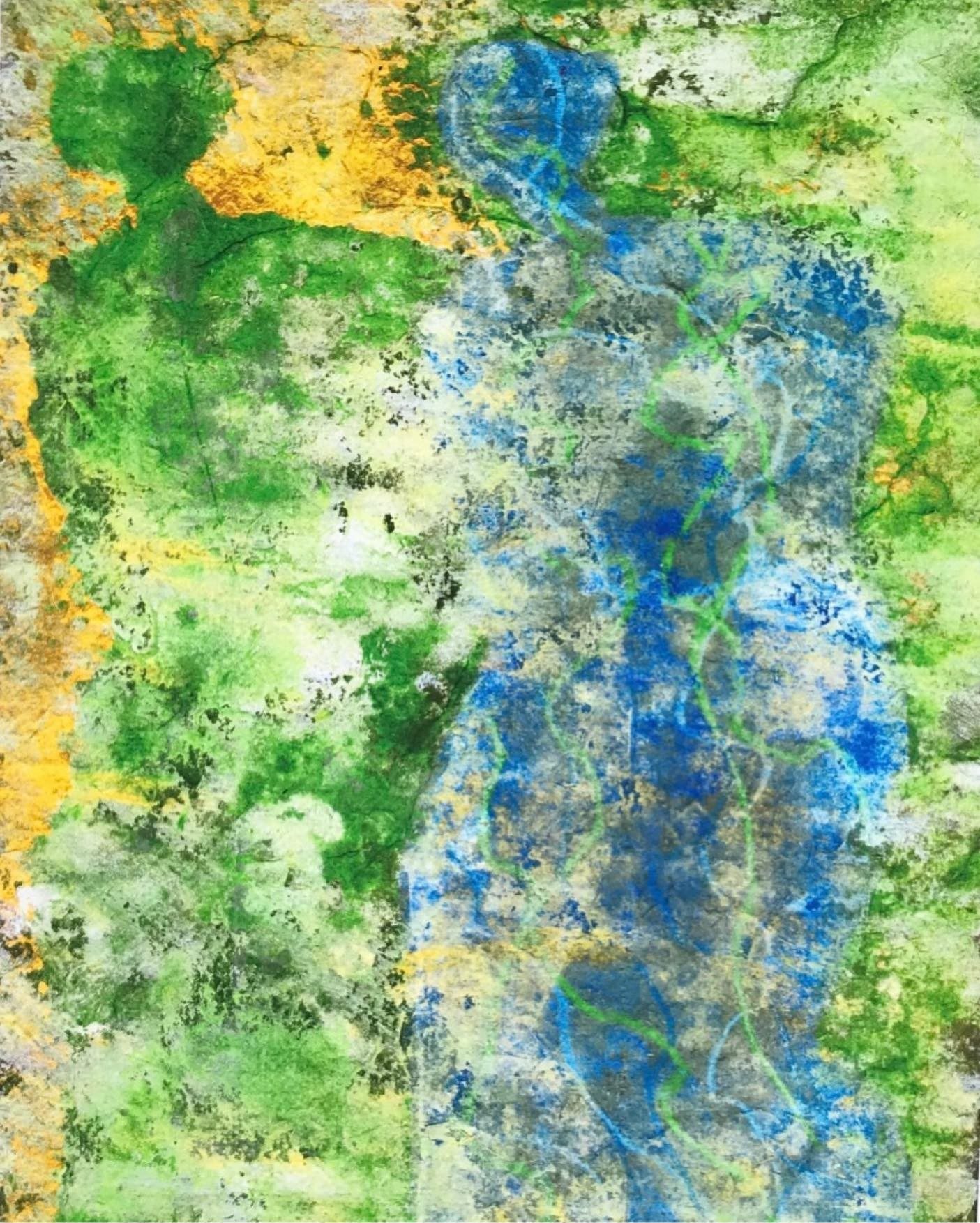 A green and blue figure painting by Monica Cohn