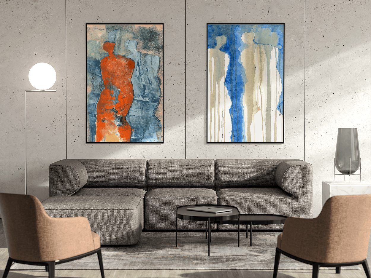 Two figure paintings by Monica Cohn in a living room
