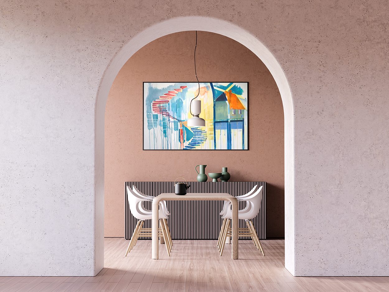 A Monica Cohn staircase painting seen through a pink arch