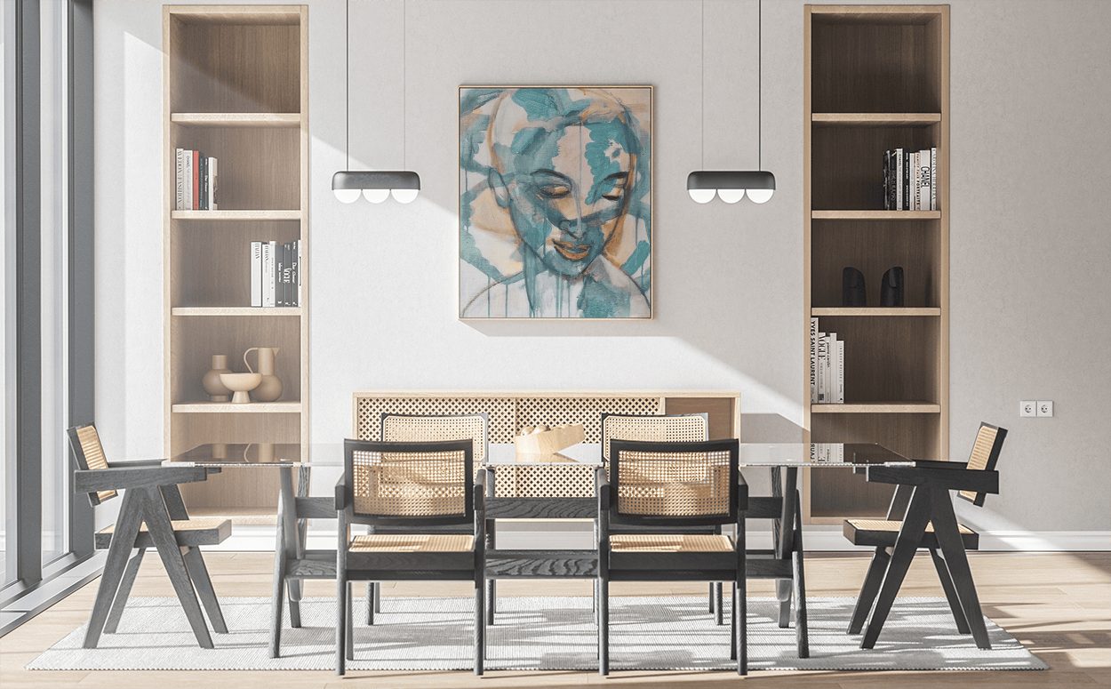 A Monica Cohn portrait painting in a dining room