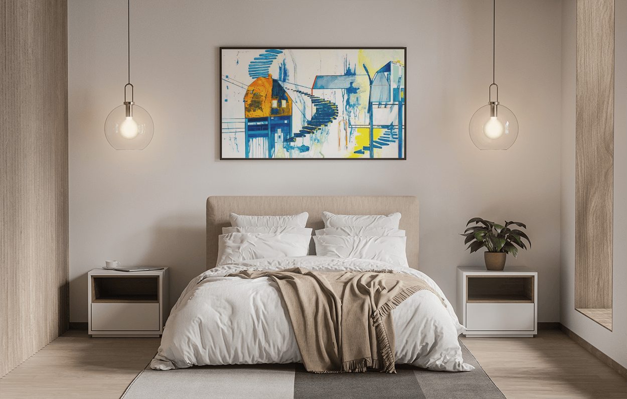A Monica Cohn painting above a bed