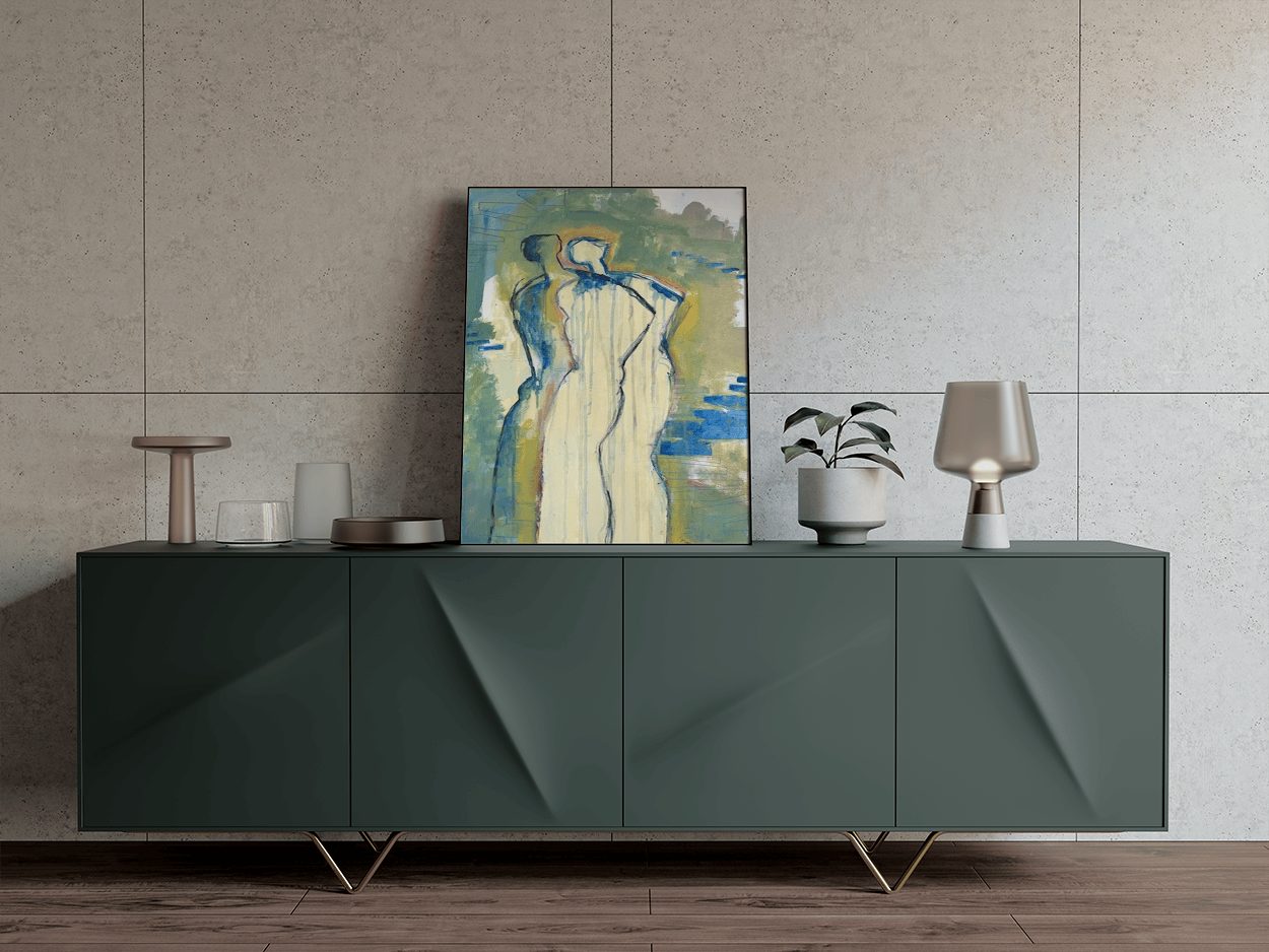 A Monica Cohn figure painting on a sideboard