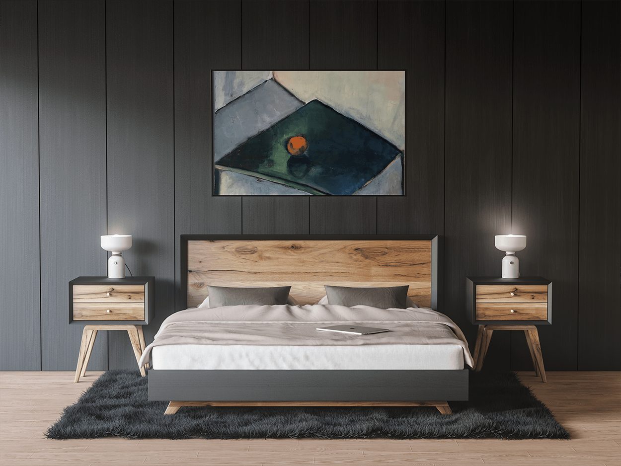 A Monica Cohn still life above a bed in a dark bedroom