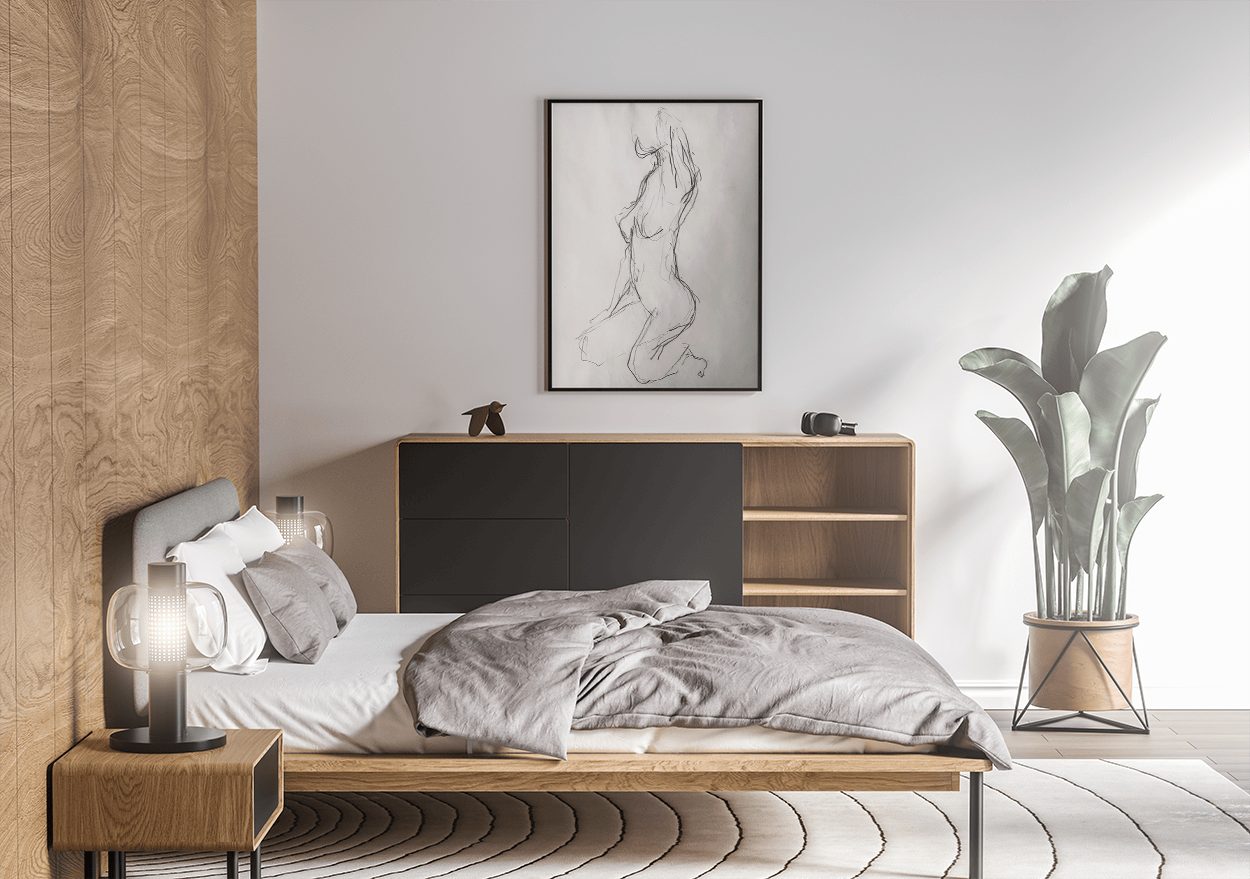 A Monica Cohn ink figure drawing above a bed